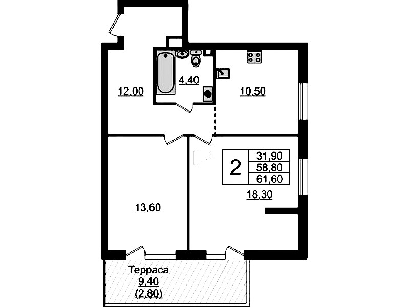 2-комнатная квартира 61.6 м², 1/9 эт., ЖК «А101 Лаголово»